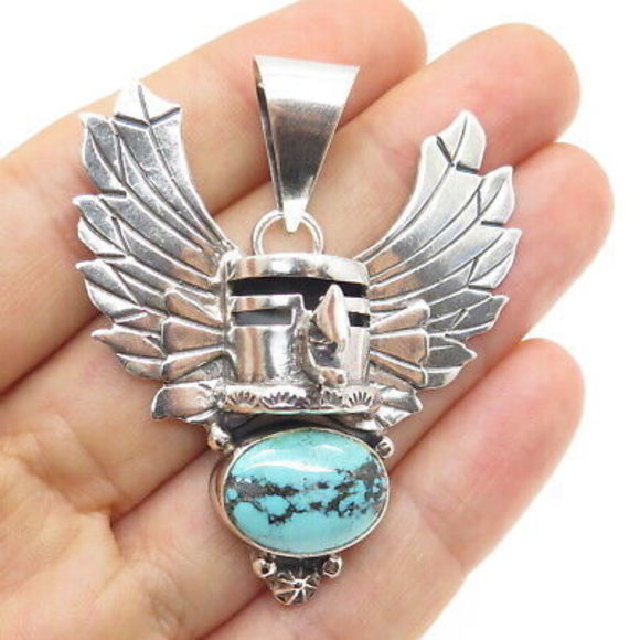 Jewelry - ROIE JAQUE NAVAJO Old Pawn 925 Sterling Silver Peacock Turquoise Eagle Pendant